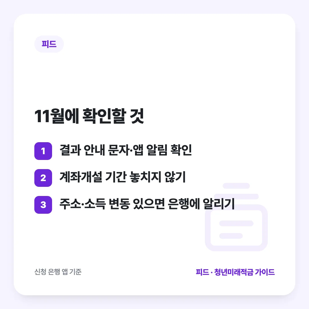 11월에 확인할 것: 결과 안내 문자·앱 알림 확인 / 계좌개설 기간 놓치지 않기 / 주소·소득 변동 있으면 은행에 알리기