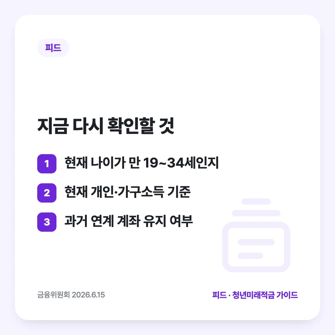 지금 다시 확인할 것: 현재 나이가 만 19~34세인지 / 현재 개인·가구소득 기준 / 과거 연계 계좌 유지 여부