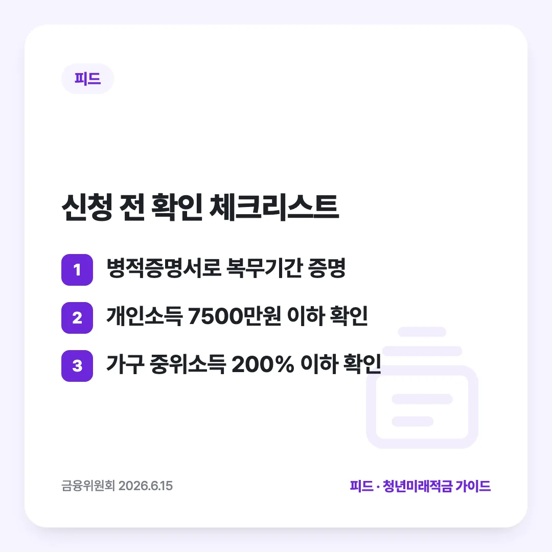 신청 전 확인 체크리스트: 병적증명서로 복무기간 증명 / 개인소득 7500만원 이하 확인 / 가구 중위소득 200% 이하 확인