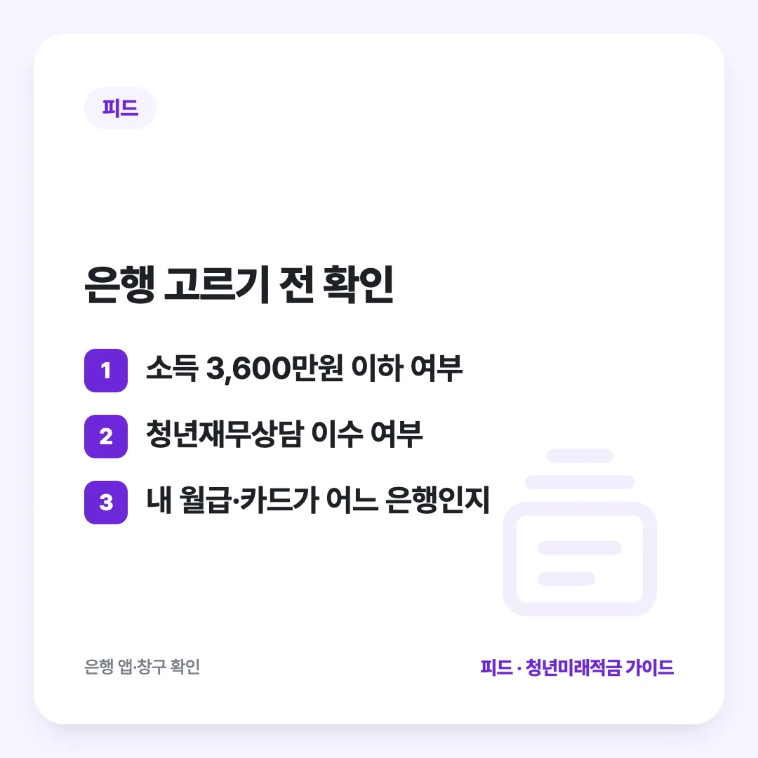 은행 고르기 전 확인: 소득 3,600만원 이하 여부 / 청년재무상담 이수 여부 / 내 월급·카드가 어느 은행인지